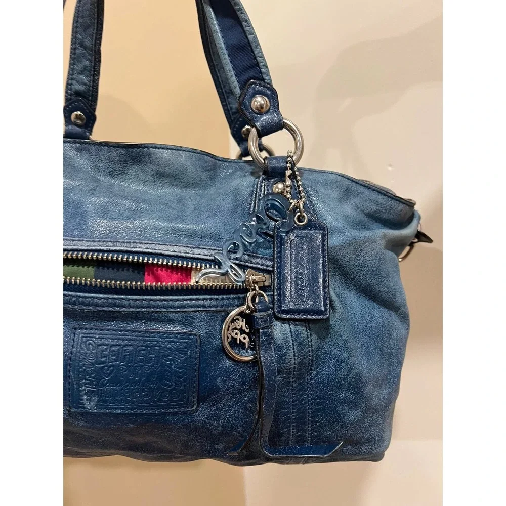 Coach Poppy Storypatch Blue Metallic Leather Satchel Bag 15233